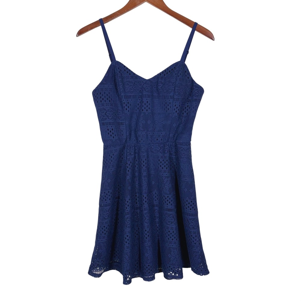 As U Wish Women Fit & Flare Dress Size XS Blue Lace‎ Crochet Mini V-Neck Party